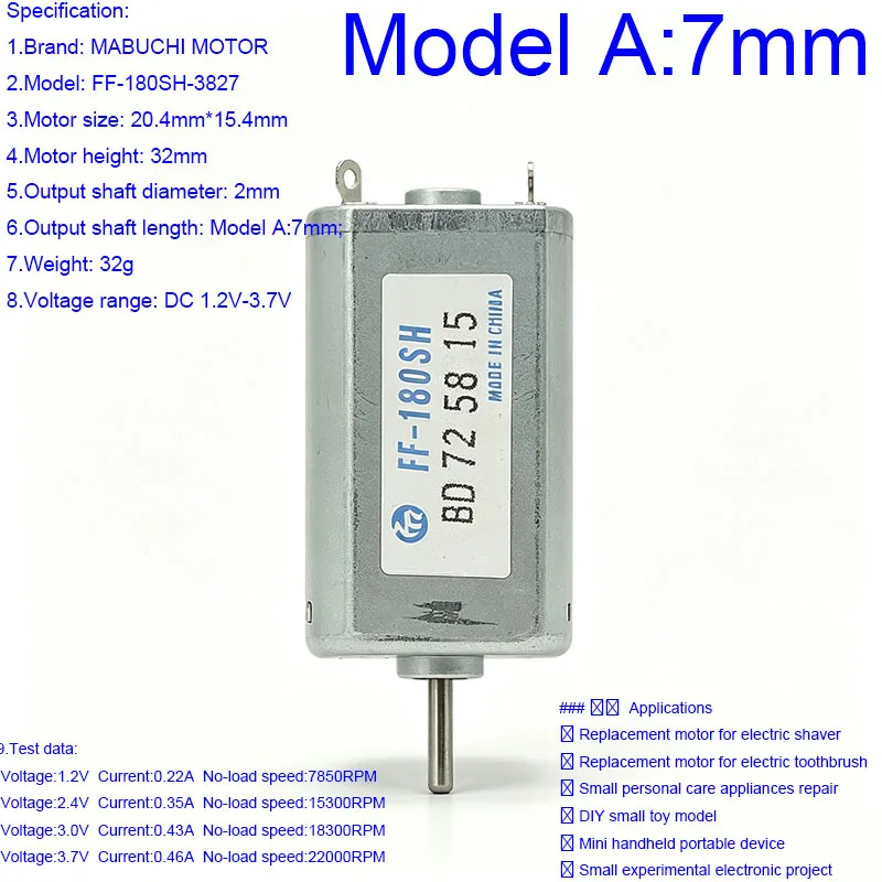 MABUCHI FF-180SH-3827 Mini 180 High Speed Electric Motor 22000RPM 20mm DC Micro Motor for Shaver Tooth Application 1.2V-3.7V