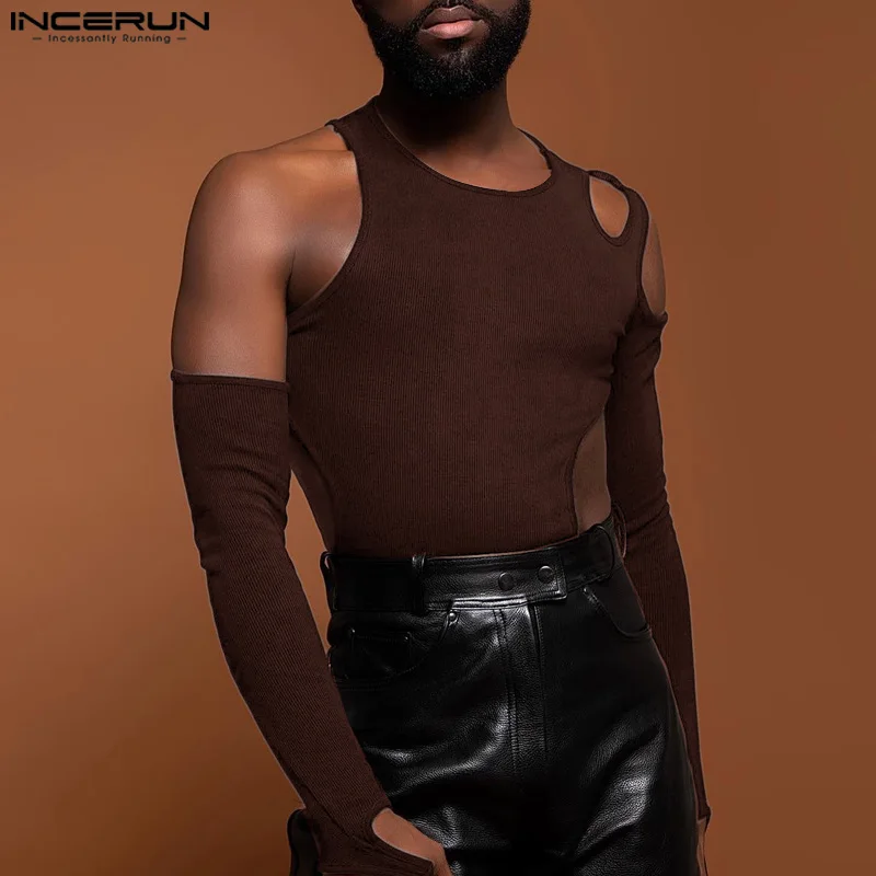 

INCERUN Men Bldysuits 2025 Casual O-neck Long Sleeve Solid Color Hollow Out Comfortable Sexy Rompers Men Bodysuits S-3XL