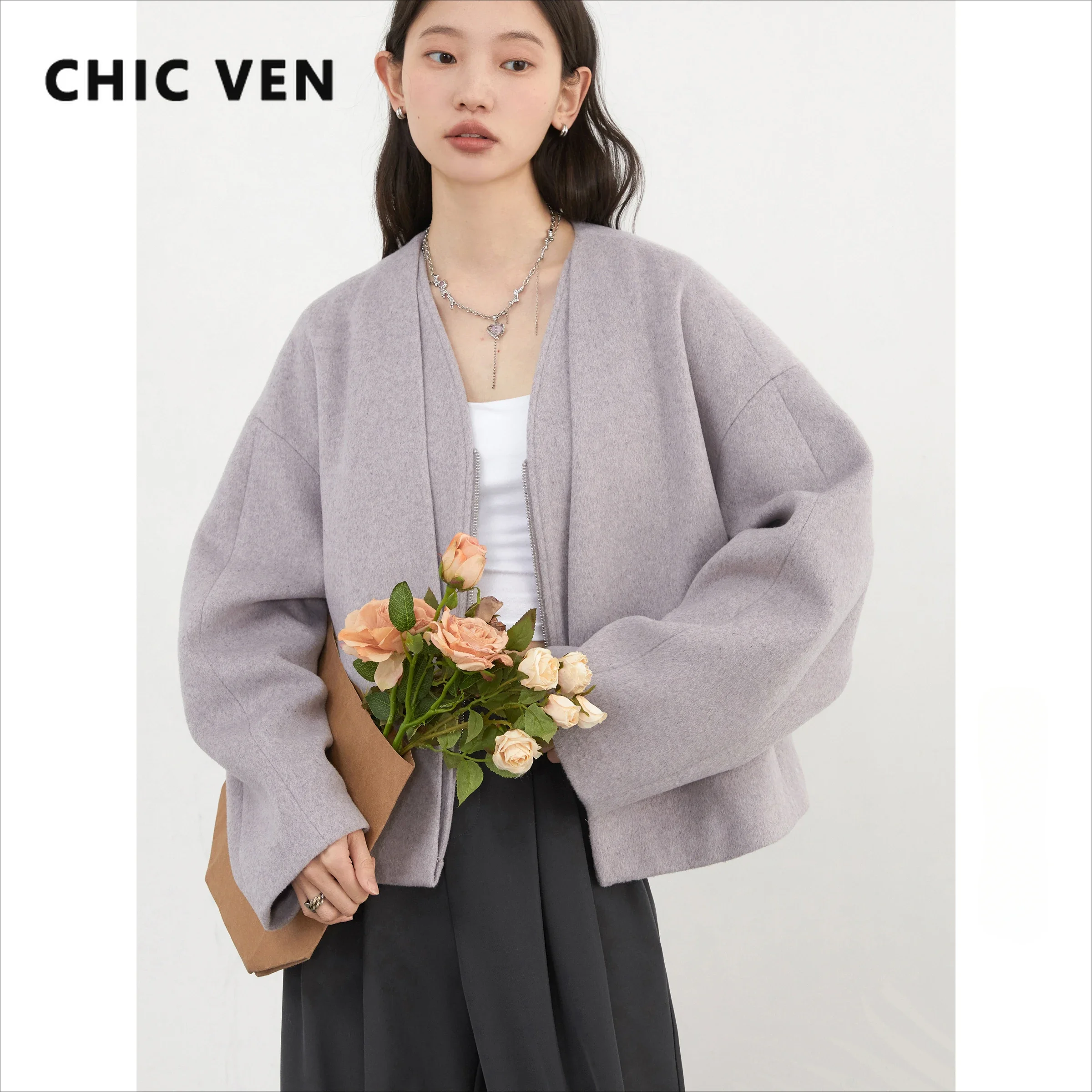 CHIC VEN Women Woolen Coat  Solid Front Placket Design Zipper Loose Short Woolen Office Ladies Jacket 2025