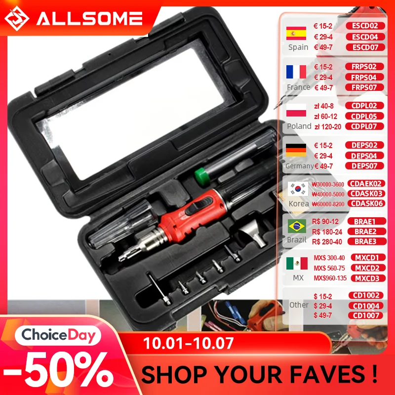 ALLSOME HS-1115K 10 in 1 Welding Kit Blow Torch Professional Butane Gas Solder Iron  Tools HT1380