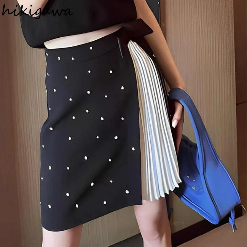 

Korean Skirts for Women High Waist Temperament Jupe 2024 Faldas Mujer De Moda Patchwork Contrast Color Diamond Pleated Skirt