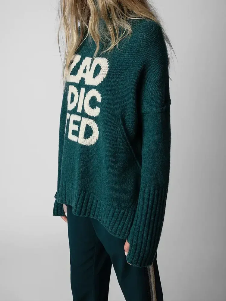 100% de lana para mujer, jersey con puños y abertura, suéter con estampado de letras, manga larga, moda, Tops