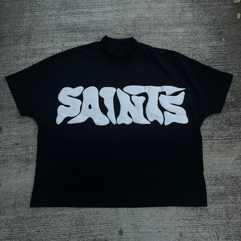 Vintage Saints Print 100% Cotton Short Sleeve T-Shirt Men Y2K Summer Short Sleeves Casual Oversize Tshirt Streetwear Women Tops