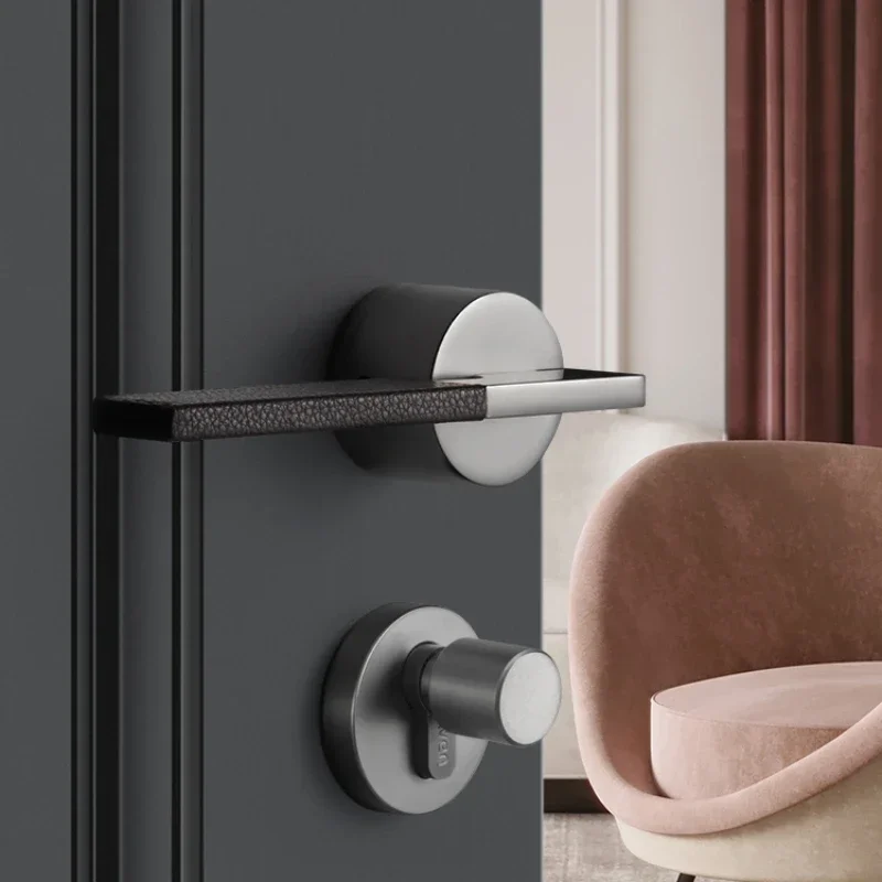 Door lock, bedroom door lock, leather door handle, gray black Nordic silent magnetic suction, postmodern door lock