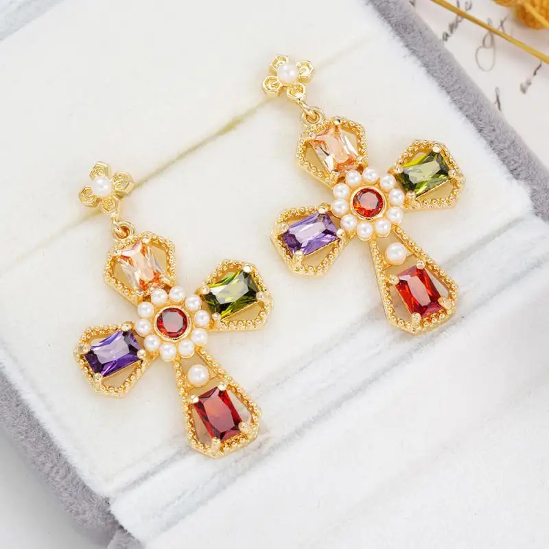 Women\\\'s Dangle Earrings Exquisite Luxury Female Jewelry Gift Multicolor Crystal Cross Earrings with Imitation Pearls