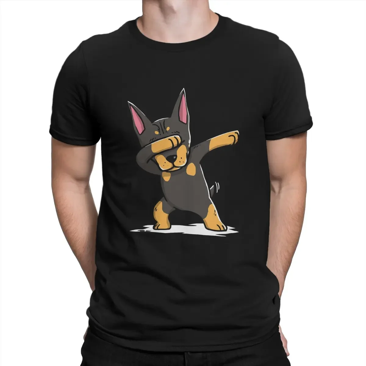 Hipster Dabbing Doberman Pinscher Funny T-Shirts for Men Crew Neck Cotton T Shirts Doberman Dog Short Sleeve Clothing