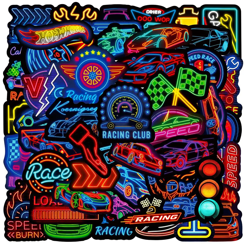 10/30/50PCS Neon Racing Auto Cartoon Aufkleber Aufkleber Kühle Wasserdichte Graffiti Laptop Fahrrad Telefon Kinder DIY Aufkleber Packs