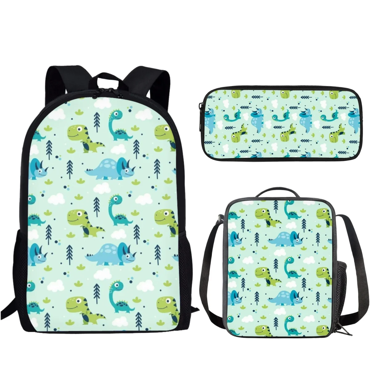 Cartoon Dinosaur Pattern Print 3 Set School Bag Lightweight Backpack for Teen Boys Girl Casual School Bag Lunch Bag Pencil Case