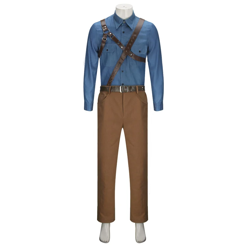 

Ash Williams Halloween Cosplay Costume Ash vs Evil Dead Scary Movie Blue Shirt Pants Men Strap Theme Party Carnival Uniform