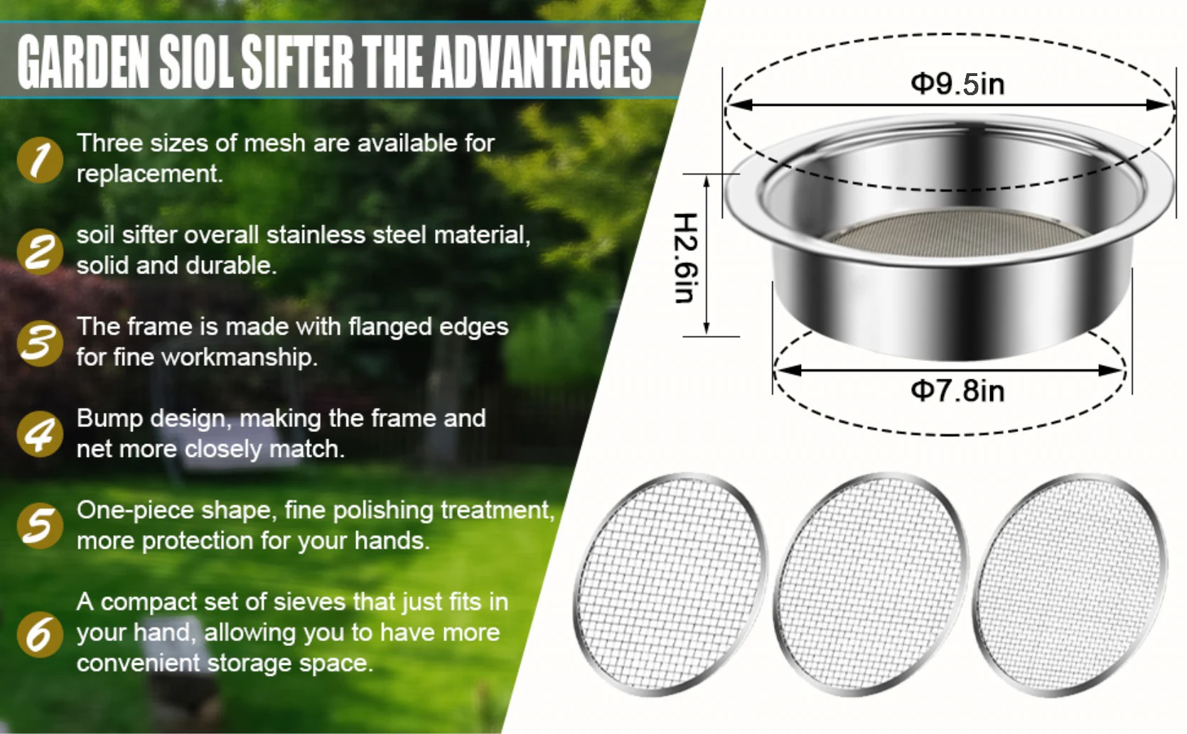 WELLHOME Garden Sieve Soil Sifter, Stainless Stackable Gardening Sifting Screen Pan Sand Sieve Contain 3 Sieve Mesh Filter