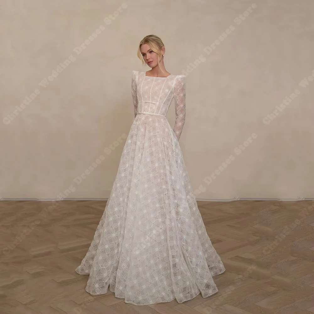 

Square Collar Long Sleeves Women Wedding Dresses Elegant A-Line Bridal Gowns Mopping Length Banquet Vestidos De Novia Customized