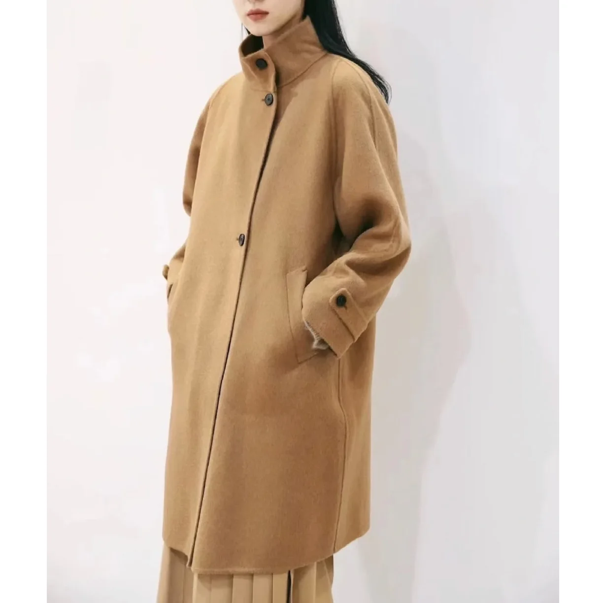 

Winter new camel wool double-sided woolen silhouette stand-up collar medium and long coat coat women