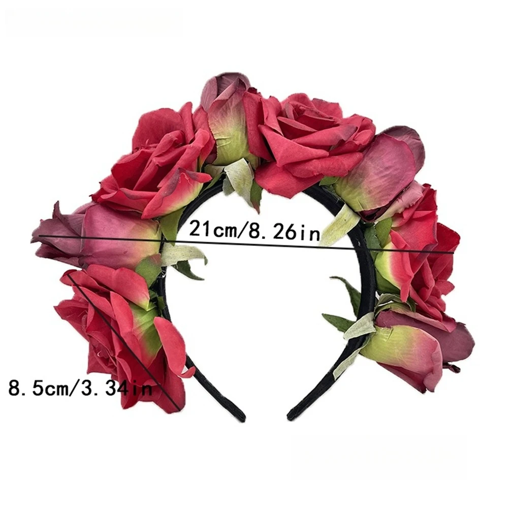 Bohemian Rose Flower Wreath Summer Simulation Fabric Head Hoop Crown Women's Bouquet of flowers to the head Festival Hoop Decor