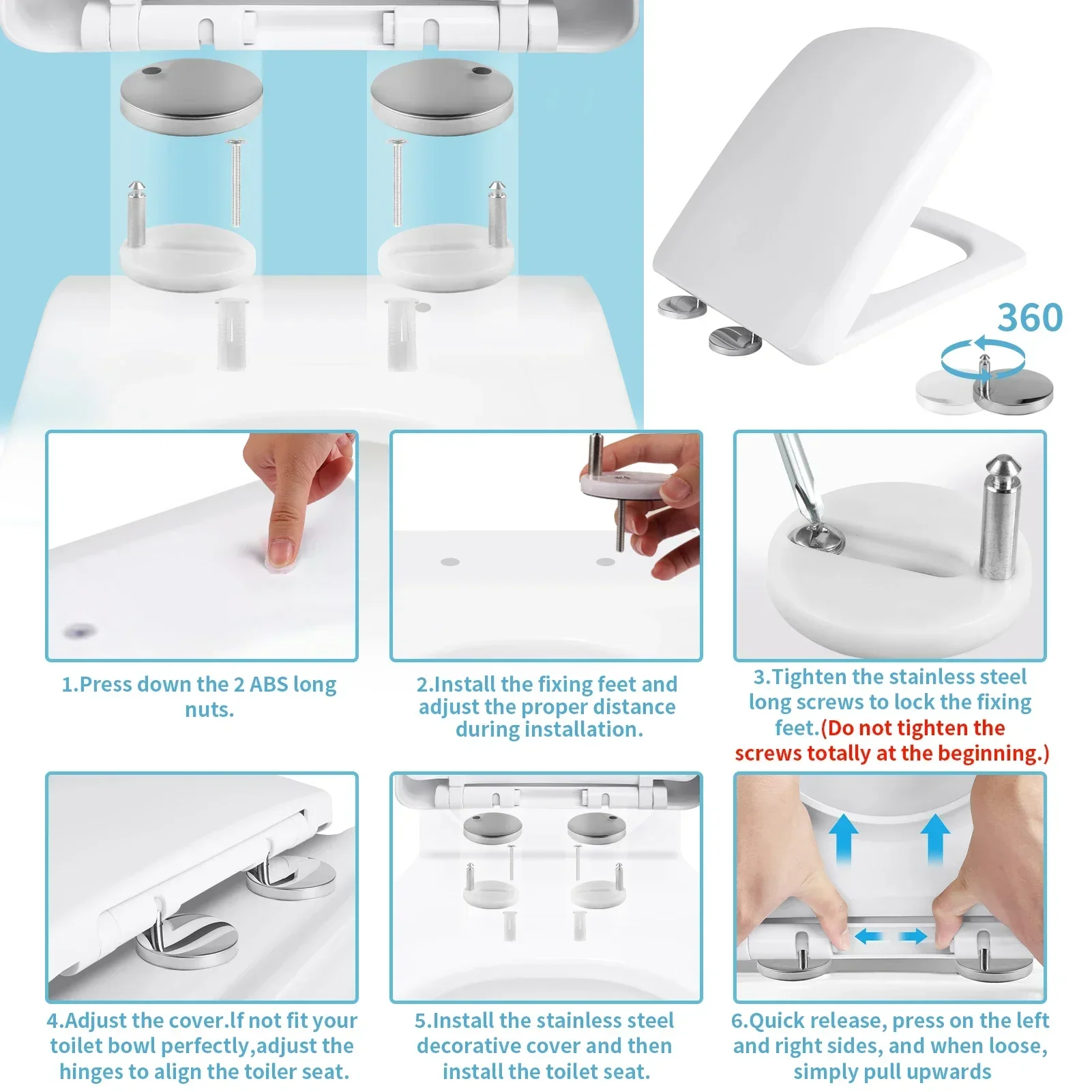 Square Heavy Duty Soft Close Quick Release White Toilet Seat Easy Installation with Top Fixing Holes Adjustable Hinge