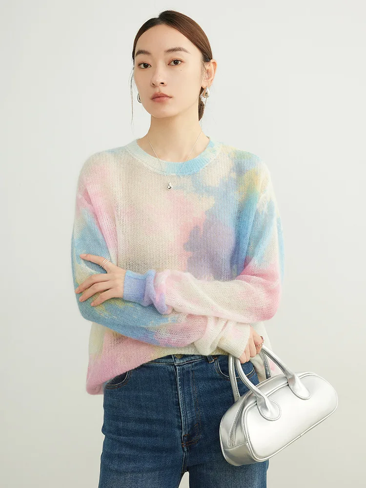 SuyaDream, Women Mohair Pullovers, Wool Blend Printed Sweaters, Loose fitting, 2024 Fall Winter Fashionable Top, Purple, Blue