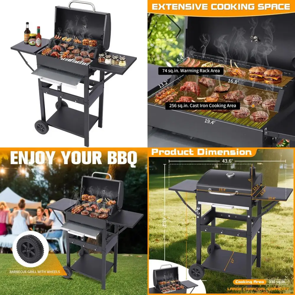 

20-Inch Portable Charcoal Grill with Foldable Side Tables and 330 Sq. In. Cooking Area, Enamel Steel Construction