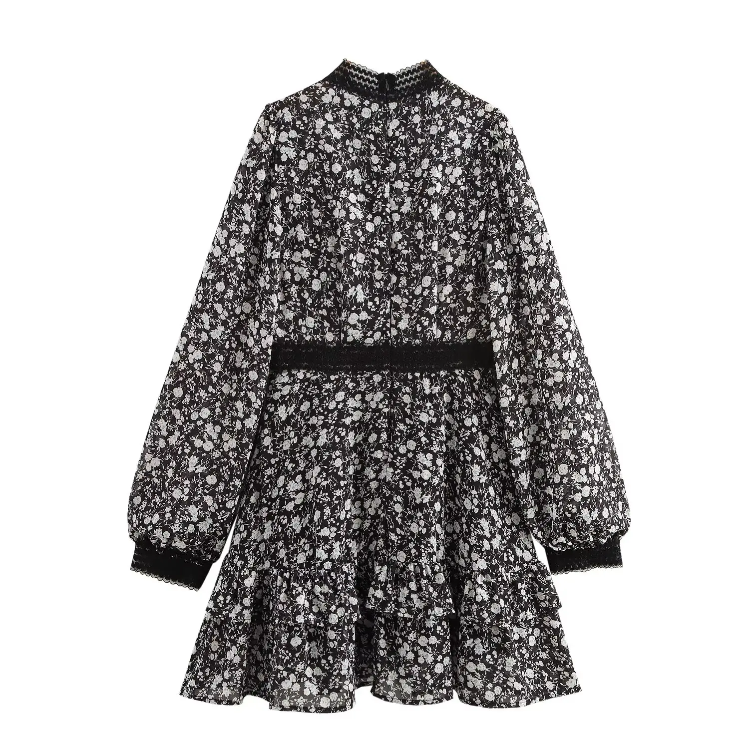 2025 خمر تقسم الدانتيل الأزهار طباعة نفخة الأكمام فستان قصير من الشيفون امرأة الخصر النحيف ألف خط هيم فساتين الصيف الصغيرة رداء #4