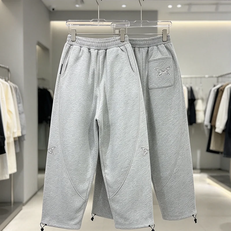 Mertre Heather Grey Curved Seam Sweatpants Men Side Small Text Print Casual Sweat Pants