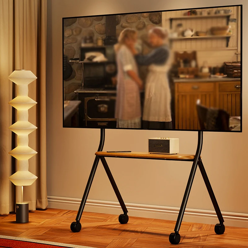 BEISHI Mobile Rolling TV Stand พร้อมชั้นวางไม้, ง่ายต่อการประกอบ Roller TV Cart สําหรับทีวี 32-60 นิ้วสําหรับห้องนั่งเล่นกลางแจ้ง