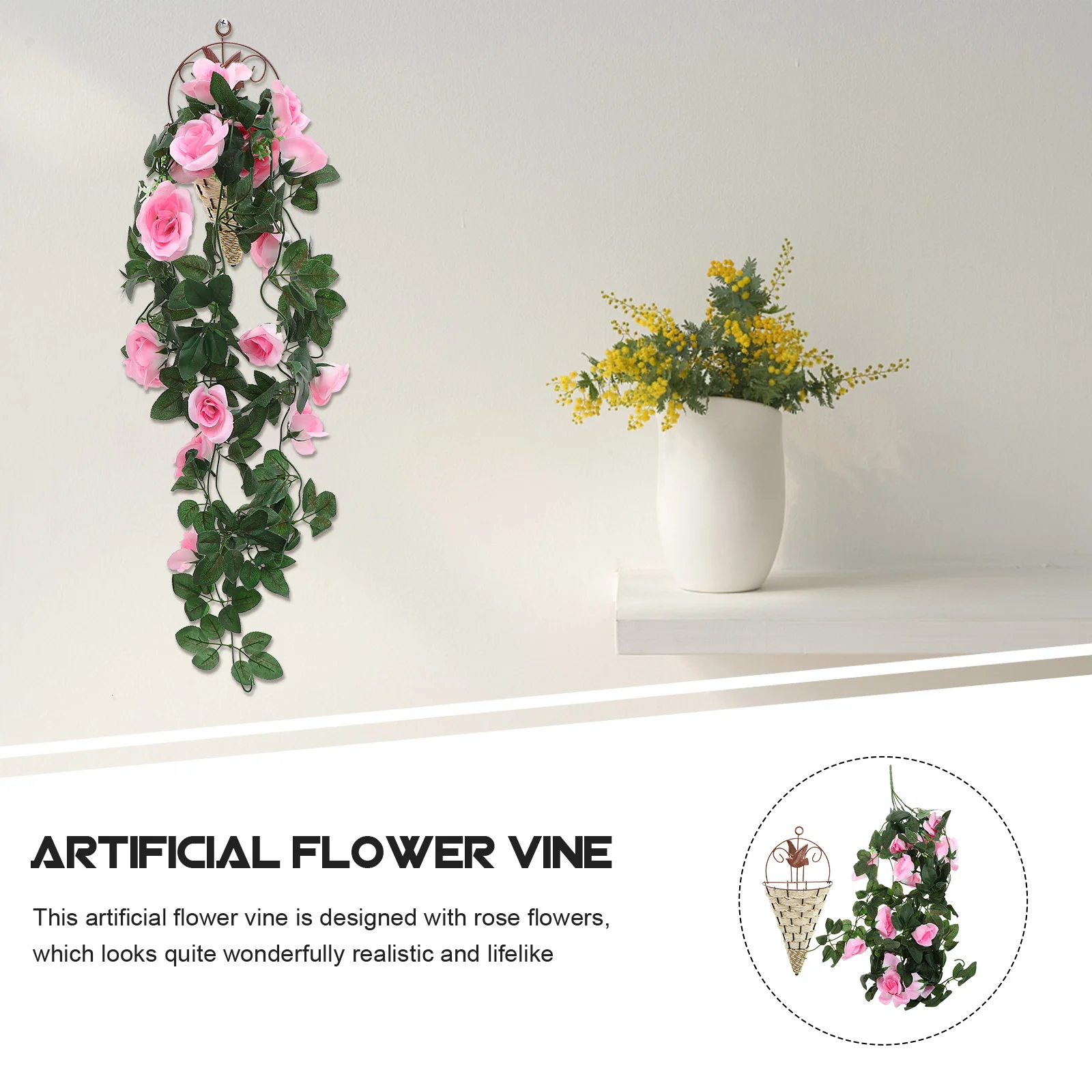 

1Set Artificial Flower Vine with Basket Lifelike Fake Rose Flowers for Garden Balcony Stage Cafe Restaurant Interior Decor