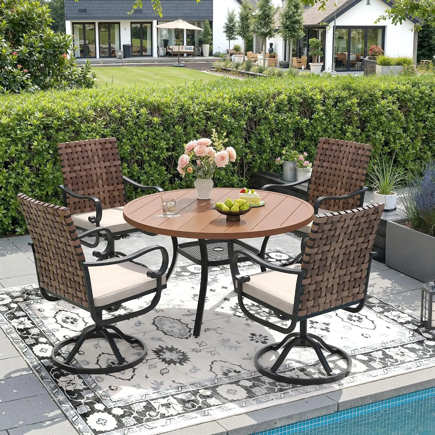 Outdoor Dining Set 4 Seater Walnut Metal Table & Wicker Swivel Chairs, Customized