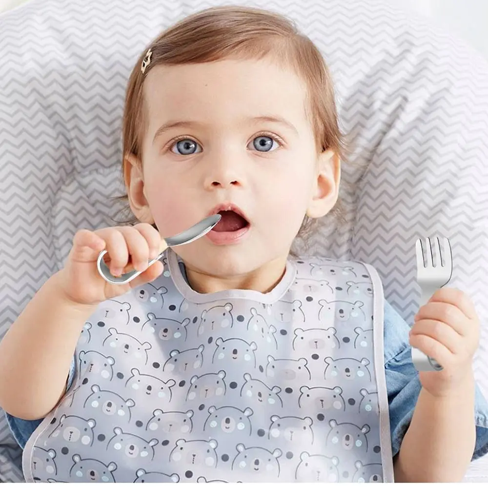 

Набор детских вилок и ложек из нержавеющей стали с изогнутой ручкой и ящиком для хранения, набор посуды с защитой от дождя, самостоятельное кормление