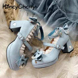 Lolita Shoes Women High Heels Pearl Lace Edge Straps Bow Cute Girls Princess Tea Party Shoes Students Lovely Shoes Size 35-40