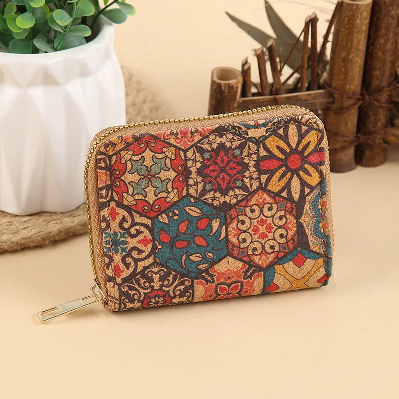 5pcs Wallets Women Cork Leather National Circle Printing Multifunctional Short Card Holder