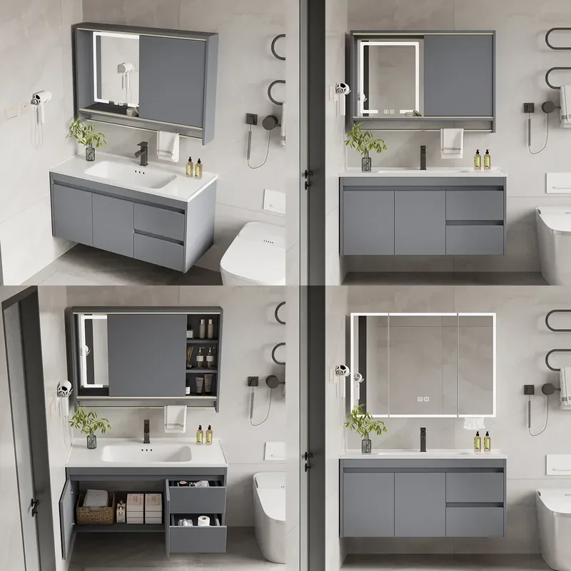 Aluminum Honeycomb Bathroom Vanity with Hidden Push-Pull Feng Shui Mirror Ceramic Integrated Basin Wall Mounted Washstand