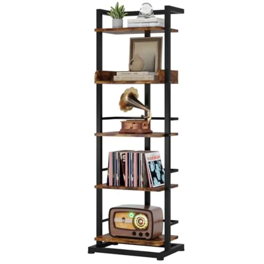 

Book Shelf Narrow Bookshelf: 5 Tier Wood Bookcase with Metal Edge Protection Industrial Modern Bookshelf Book Storage Organizer