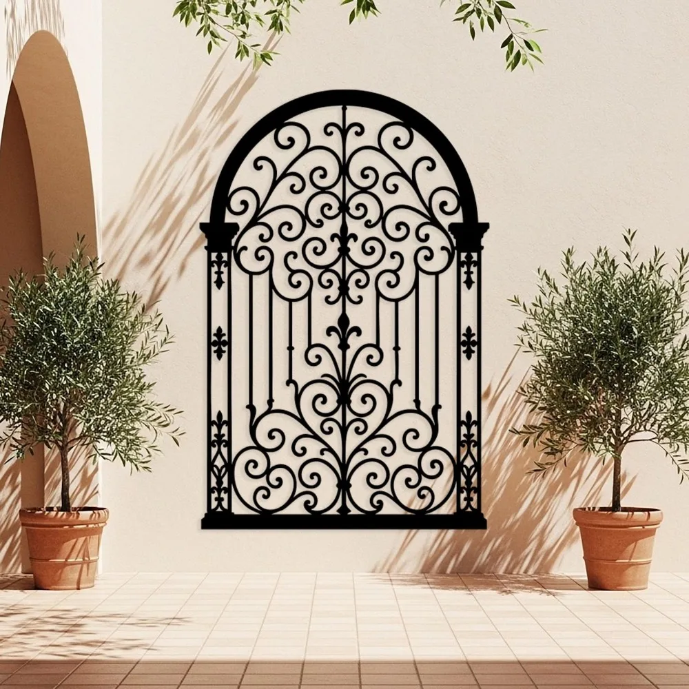 Arched Window Metal Wall Art, Laser‑Cut Iron Silhouette, French Style Oversized Vertical Scroll Decor for Entryway Staircase