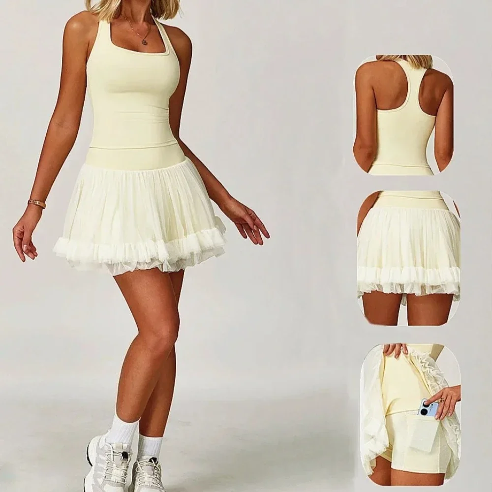 2PCS Chiffon Yoga Sets Workout Skorts Women Gym Suits Crop Tank High Waist Sports Short Skirt Outfits Fitness Running Sportswear