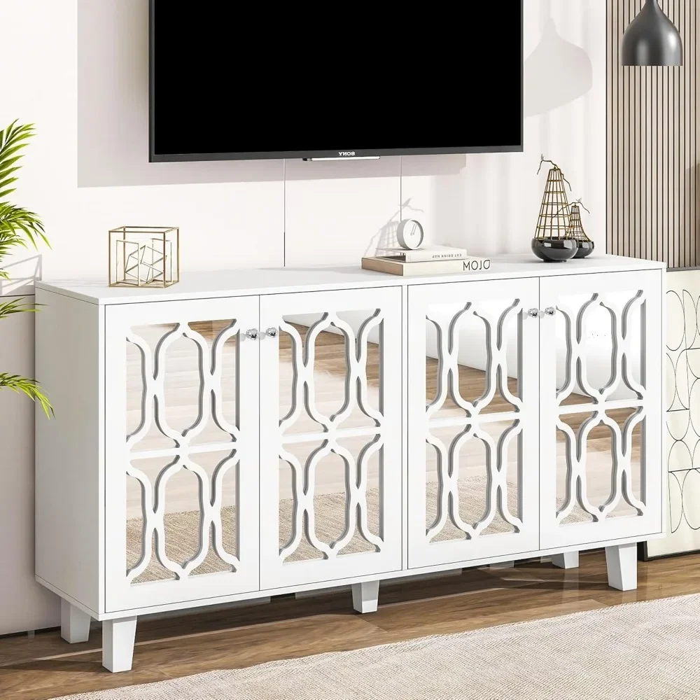 

Buffet Cabinet with Adjustable Shelves, 4-Door Mirror Hollow-Carved TV Stand for TVs Up to 70'', White
