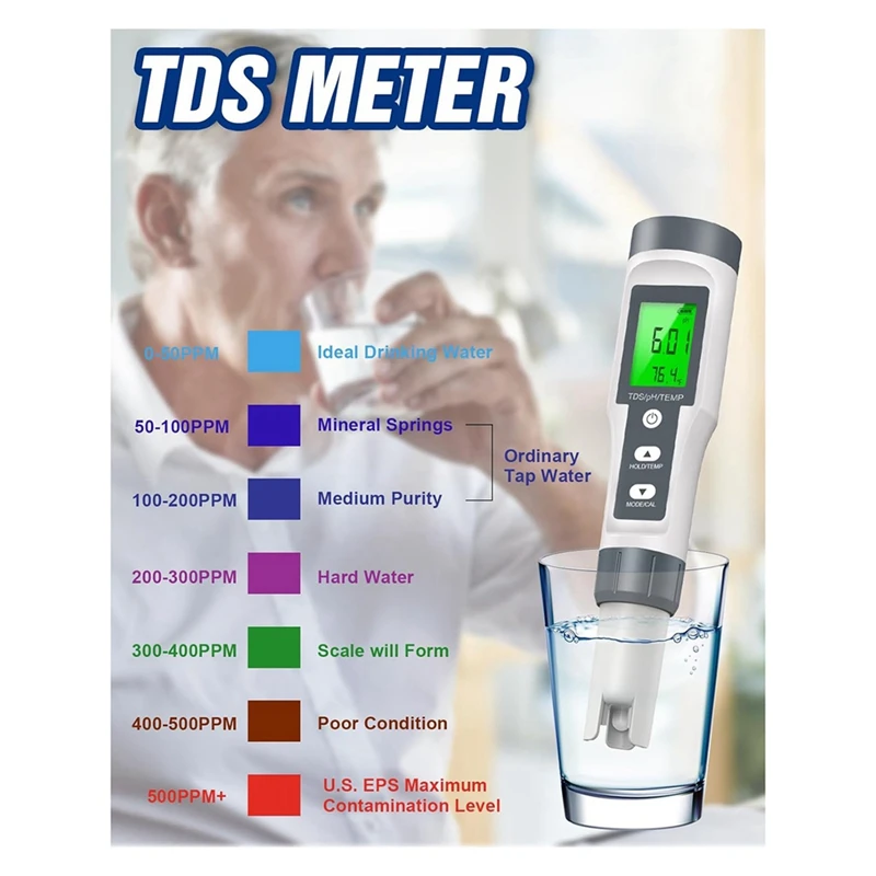 جهاز اختبار جودة مياه رقمي عالي الدقة ، سهل الاستخدام ، TDS ، PH ، درجة حرارة ، 0-14 PH ، 3 في 1