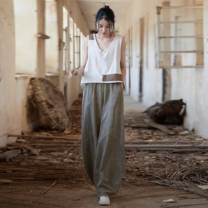 Women Vintage Ramie Cotton Linen Pants Elastic Waist  Wide Leg Trousers Spring Summer Tie-dye Harem Pants Loose Bloomers