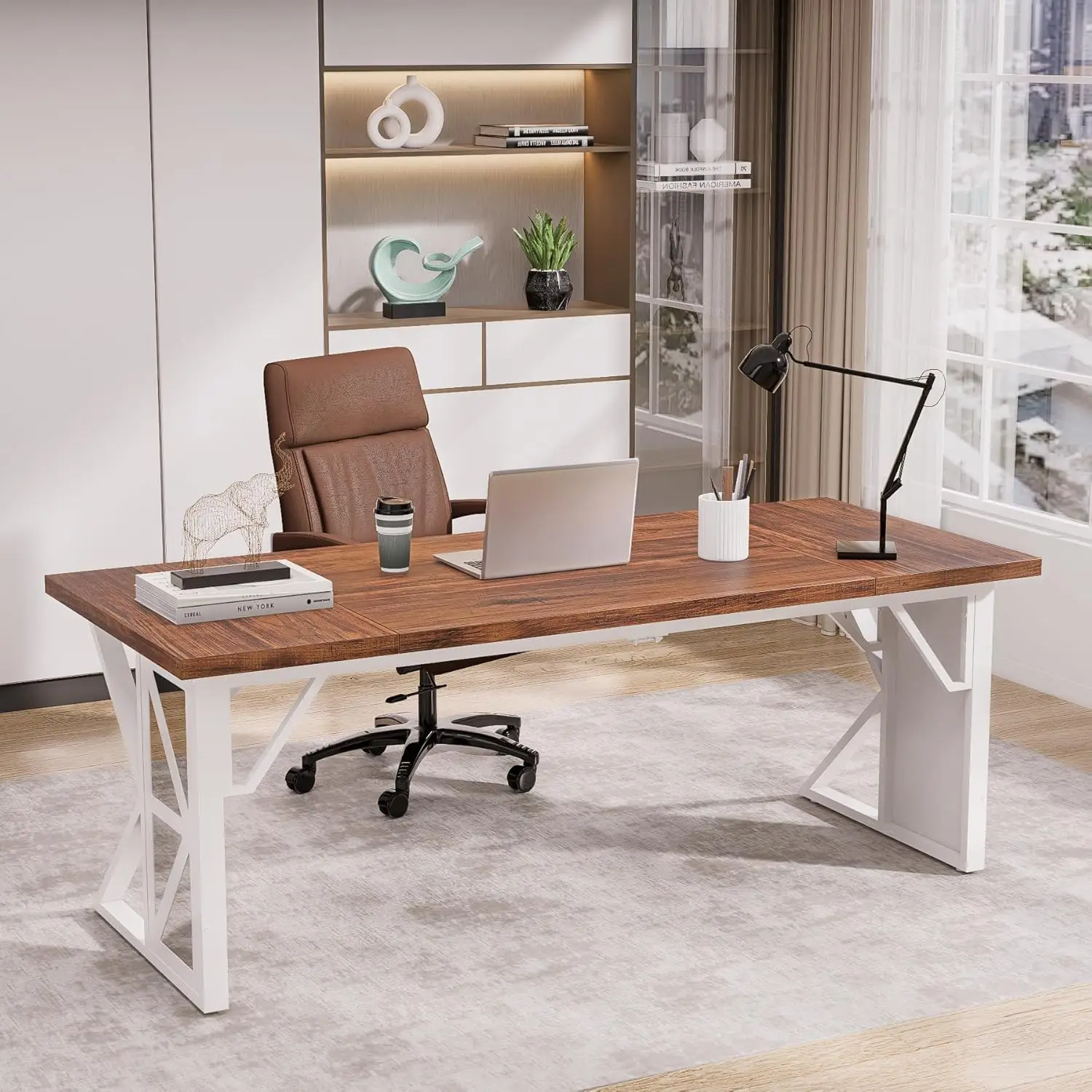 

70.8" Large Computer Desk Heavy-Duty Executive Workstation Home Office Rustic Brown Top White Frame, Customized