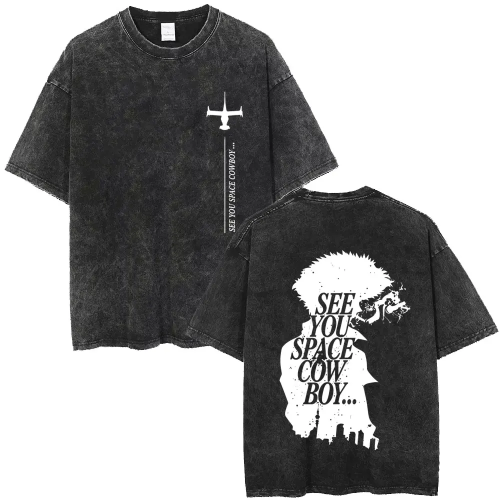 Anime Cowboy Bebop Vintage Washed T-shirt Spike Spiegel Faye Valentine Graphic T-shirts Men Women Manga Fashion Brand T Shirts