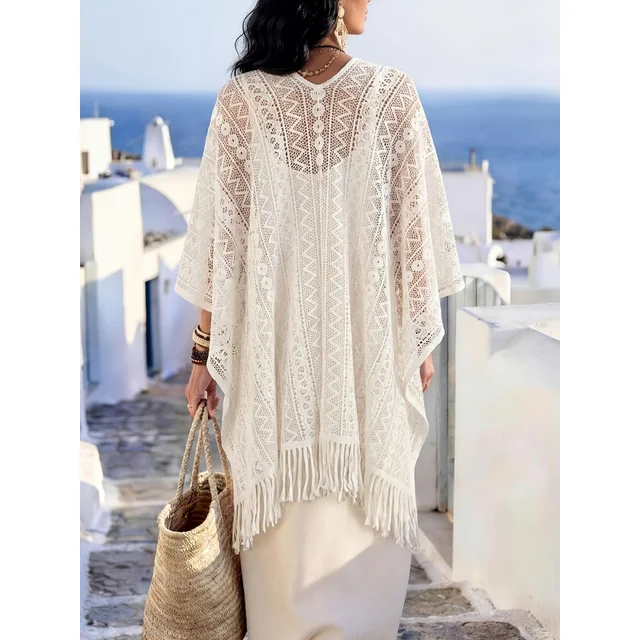 Poncho Kimono de Ganchillo con Flecos para Mujer, Abierto por Delante, Encaje Calado, Cubre Traje de Baño, Estilo Boho para Resort