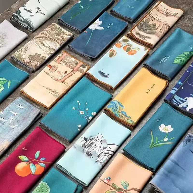 Chinese Classical Tea Towel Suede Painting Absorbent Rag Thickened Table Cleaning Cloth Household Cleaning Tools Kitchen Towel