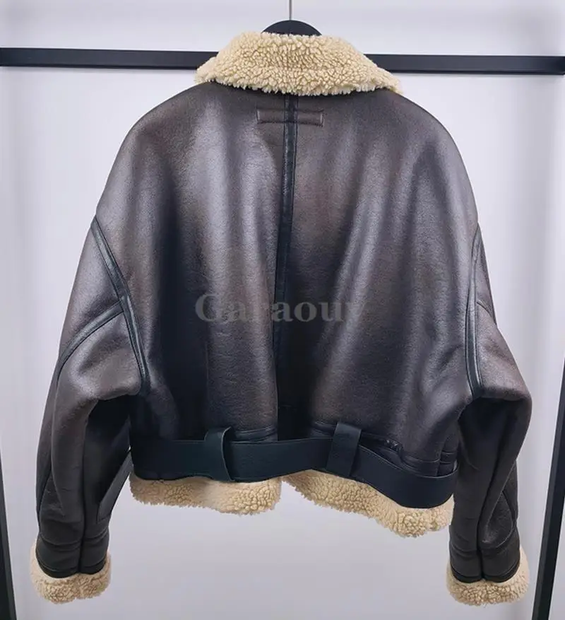 Garaouy 2023 Winter Women Faux Leather Lambswool Motorcycle Jacket Lapel Short Double Sided Coat Female Thickened Warm Outwear