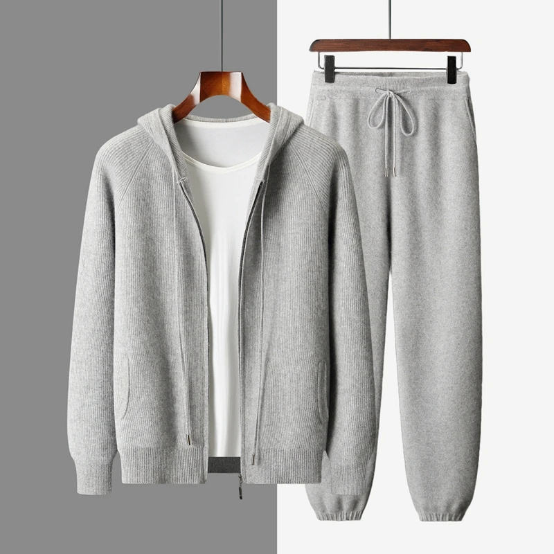 

ANGEL 100% Cashmere Men Hoodie Cardigan and Pants Knit Set Autumn Winter Thick Smart Casual Cashmere Sweater Trousers Suit Set