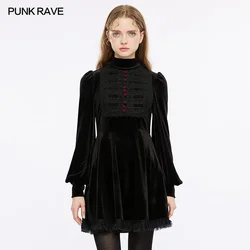 PUNK RAVE Women's Gothic Daily Bat Shaped Pointed Navy Collar Velvet Dress Party Club Vintage Mysterious Mini Dresses Streetwear