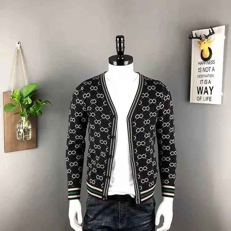 Cardigã de tricô de manga comprida masculina, Botões Casaco, Decote em V, Patchwork, Malhas, Moda, Impressão, Tendência, Novo, Outono, Inverno