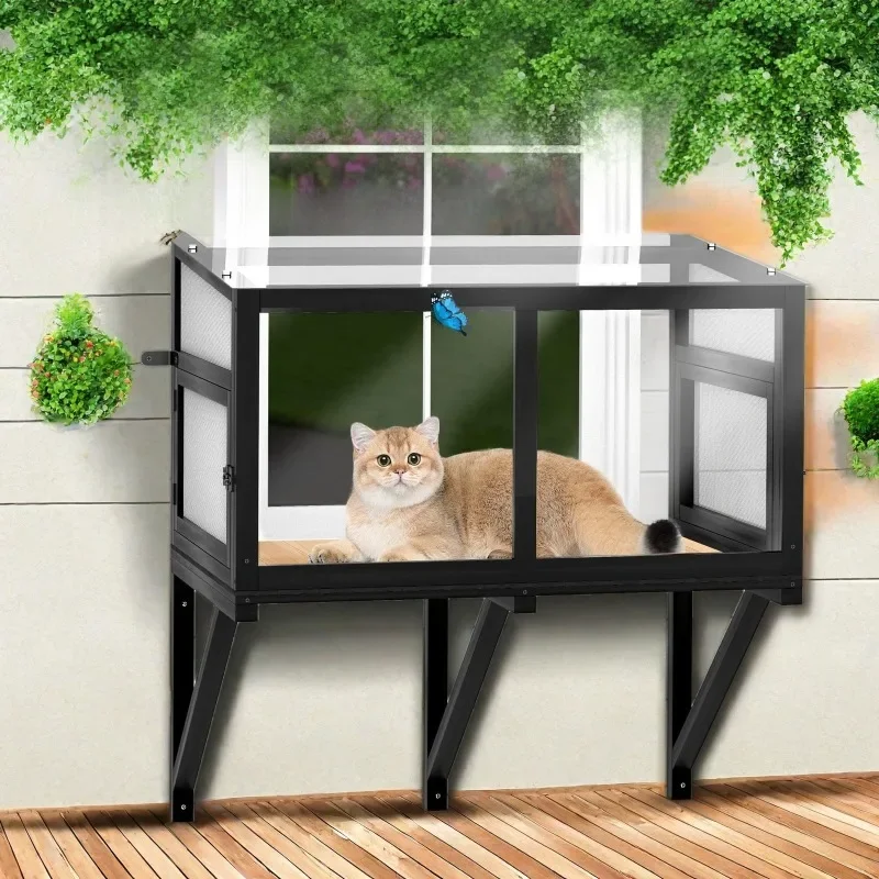 Wooden balcony cat window box window perch courtyard outdoor cat fence insect line grid wooden cat drying table