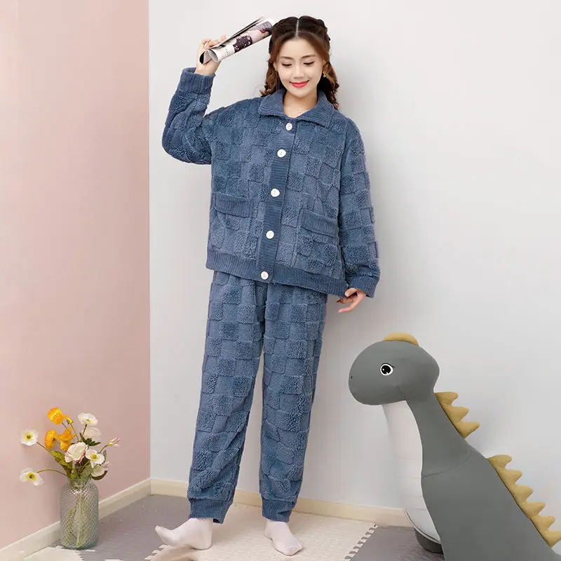 2024 New Jacquard Plaid Comfortable Fleece Sleepwear Original Couple Cardigan Homewear Set Youth Fashion Lapel Loungewear Set