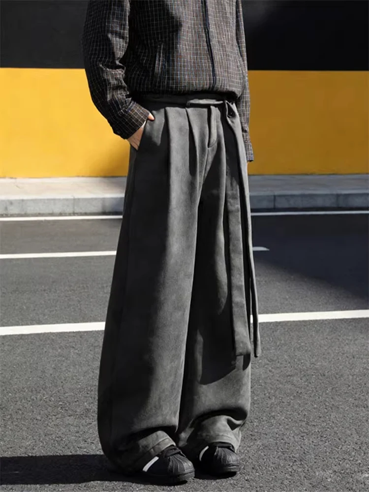 

Мужские повседневные брюки Deep ey из замши с поясом, весенние, премиум-класса, с драпировкой, прямого кроя, широкие, комфортные, в стиле кэжуал