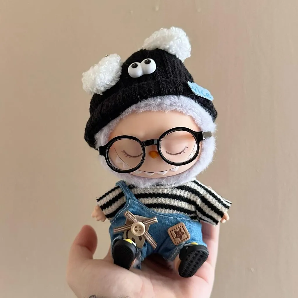 17cm Labubu Doll Clothes Outfit Accessories for  V1 V2 Striped Sweater Overalls Glasses Hat Clothing Set