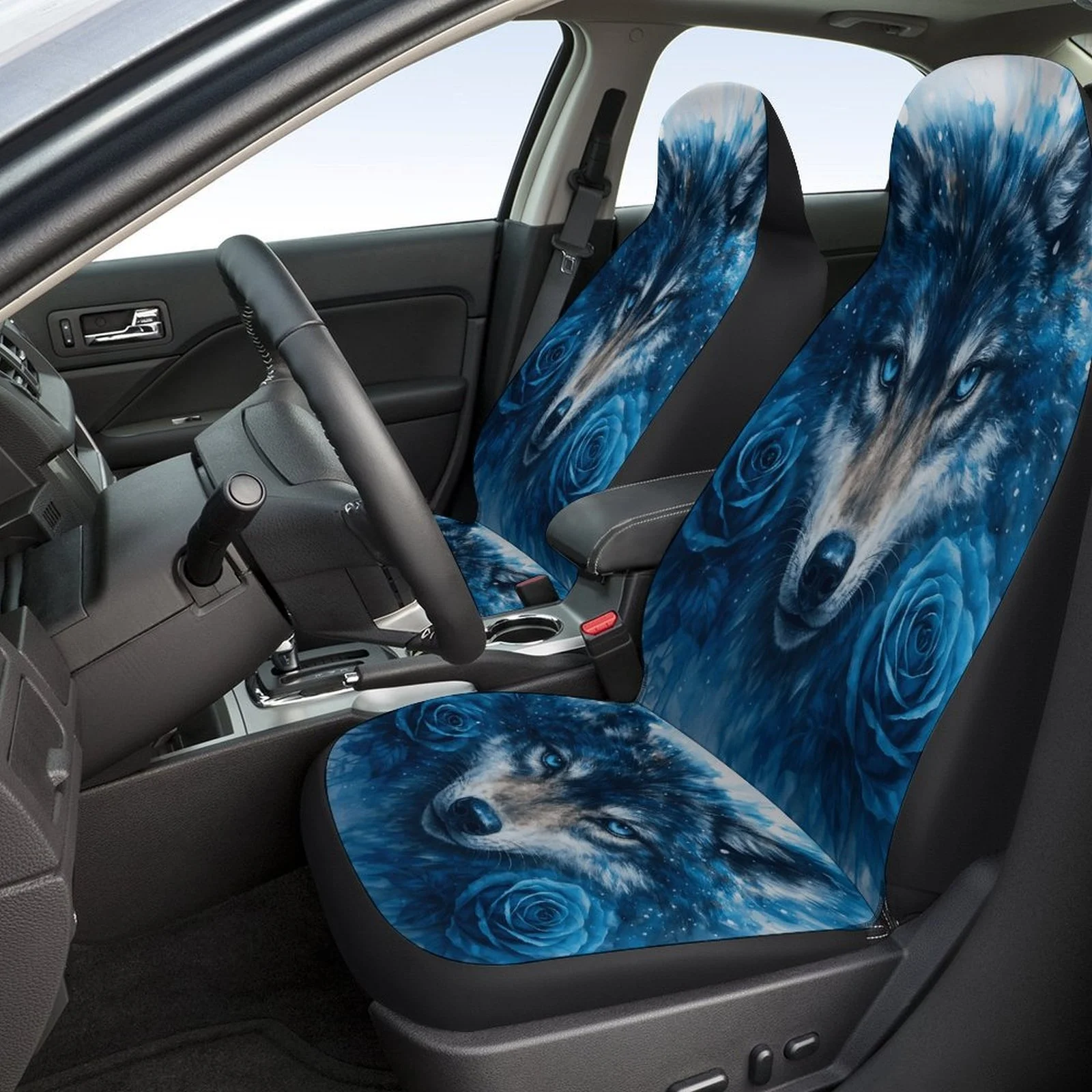 Set Of Car Seat Covers Featuring Blue Wolf Roses, Stylish And Unique, Suitable For Most Vehicles. This Complete Set Includes Cov