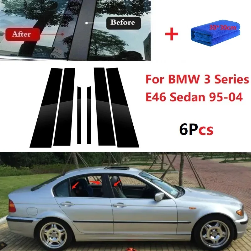 6PCS Gloss Black Window Trim Cover BC Column Sticker Fit For BMW 3 Series E46 Sedan 1995-2004 Polished Pillar Posts