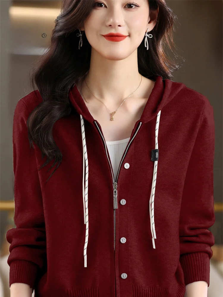 

Young Mom's Spring Autumn Hooded Double Zipper Knitted ort Cardigan Slimming Outerwear for Middle Aged And ly